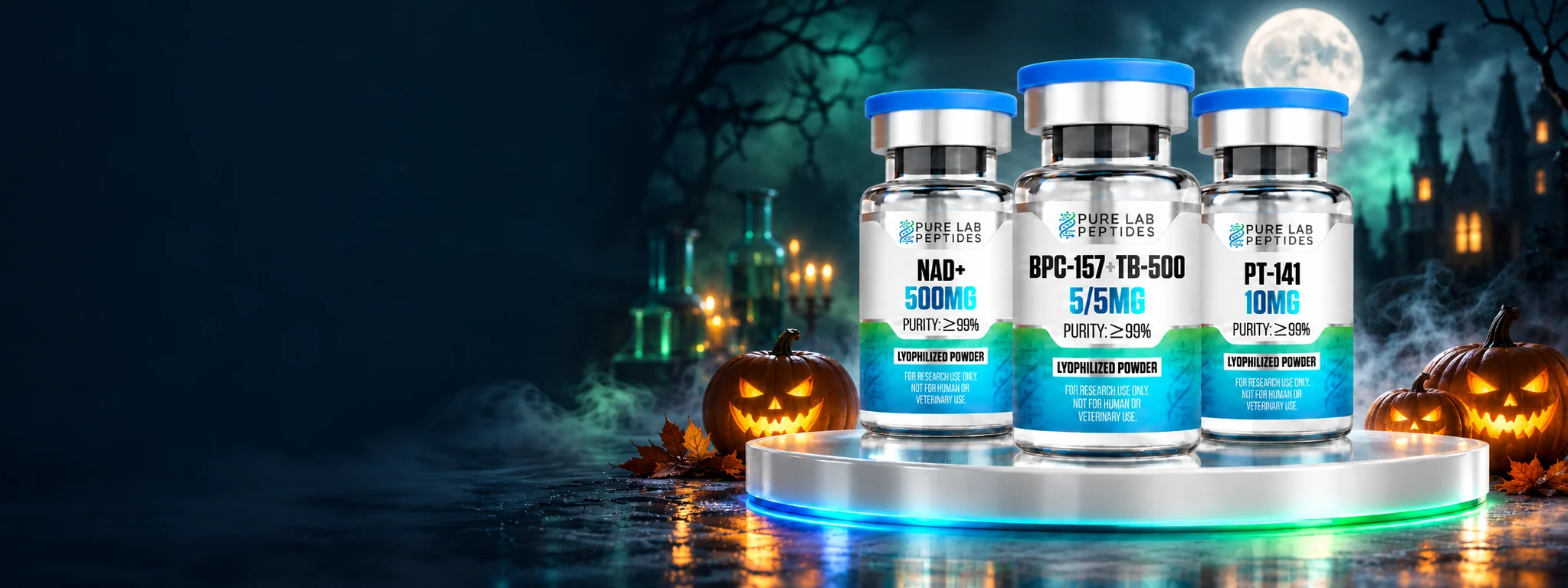 Pure Lab Peptides research vials in a moonlit Halloween laboratory with pumpkins and mist