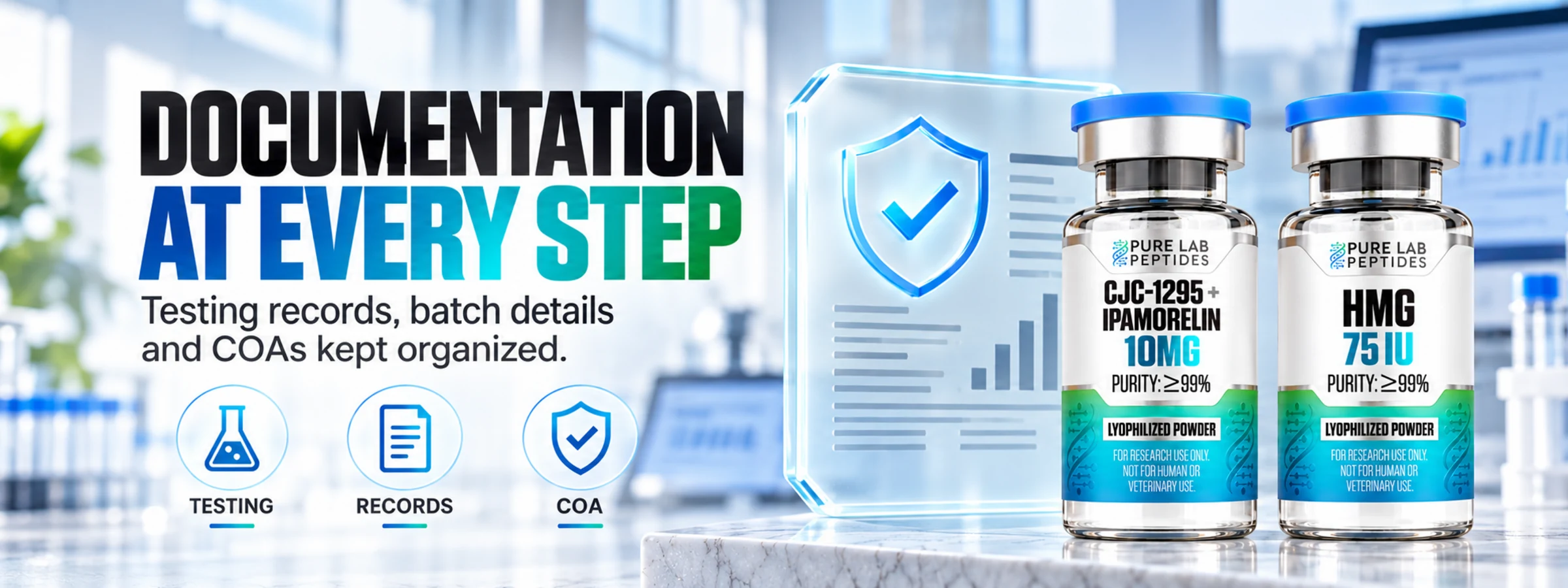 Documentation at every step. Testing records, batch details and COAs kept organized. Pure Lab Peptides research materials.