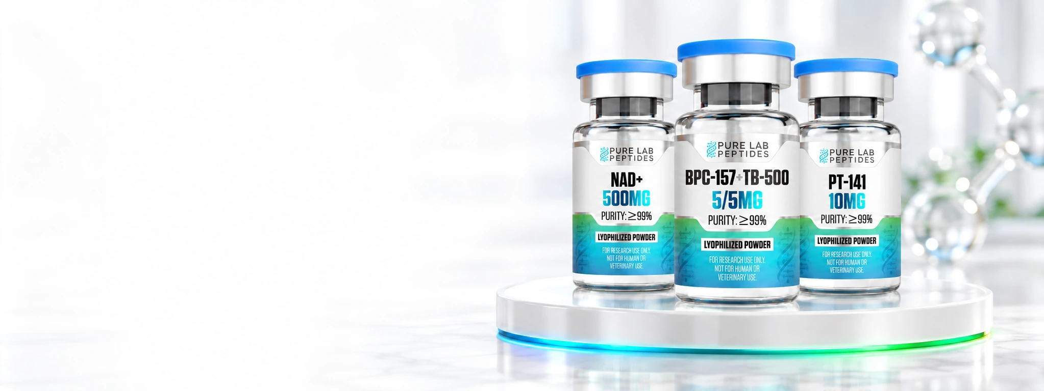 Pure Lab Peptides research vials on a white display