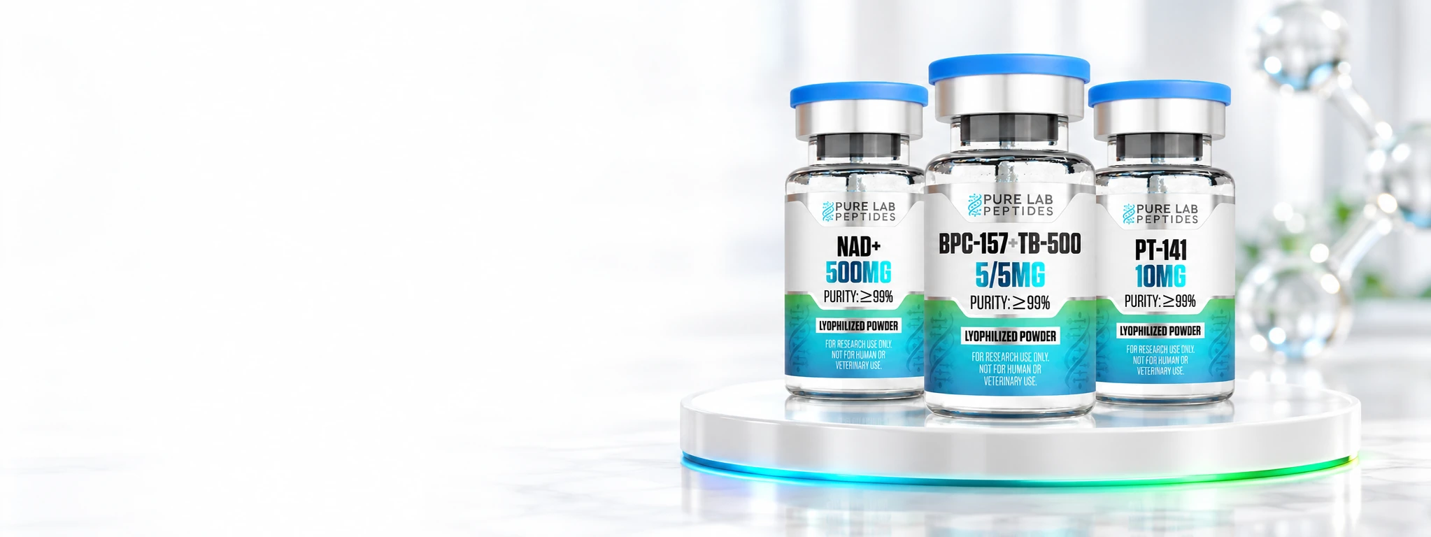 Pure Lab Peptides research vials on a white display