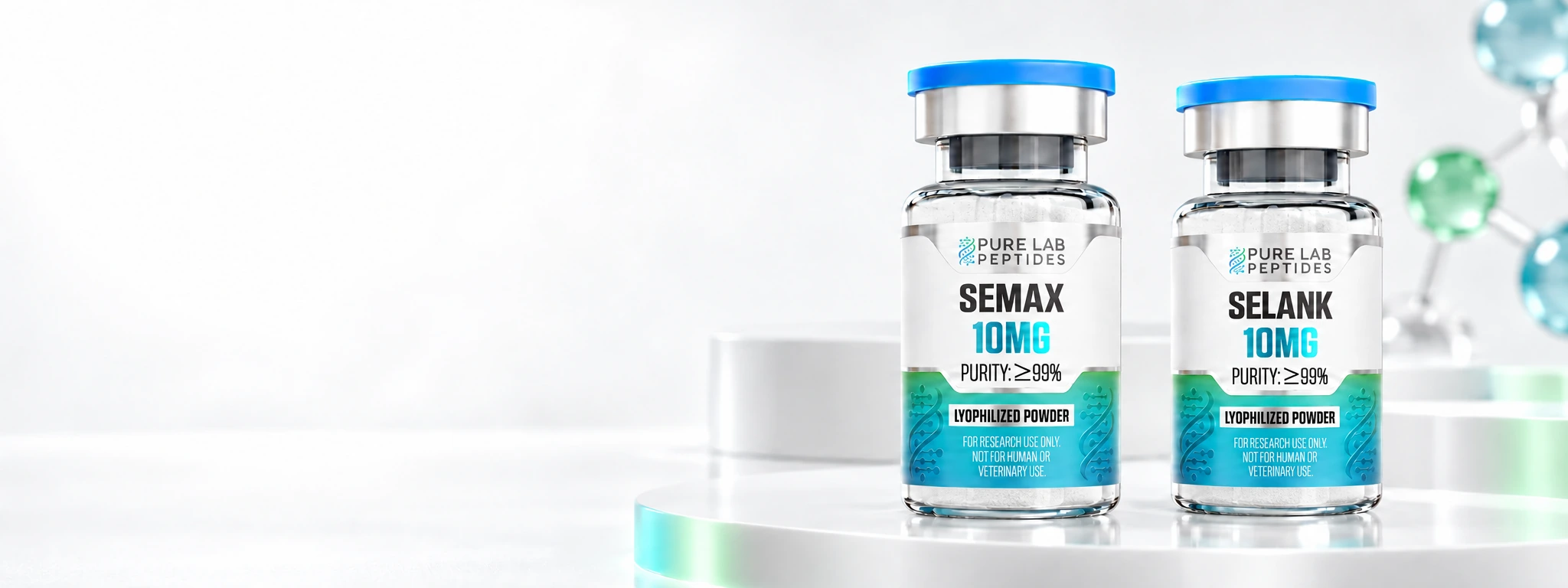 Pure Lab Peptides Semax and Selank 10 mg research vials on a white studio display