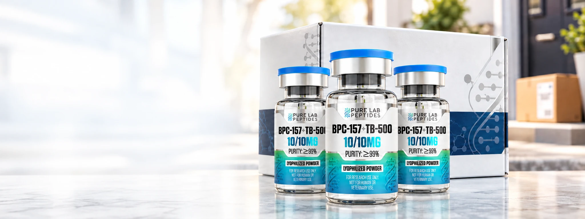 Pure Lab Peptides research vials with branded shipping packaging