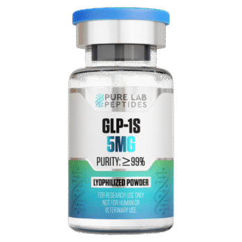 A clear glass vial containing 5mg of GLP-1S peptide, labeled with 'PURITY: ≥99%' and 'LYOPHILIZED POWDER'. The vial has a blue screw cap and features branding for 'PURE LAB PEPTIDES'.