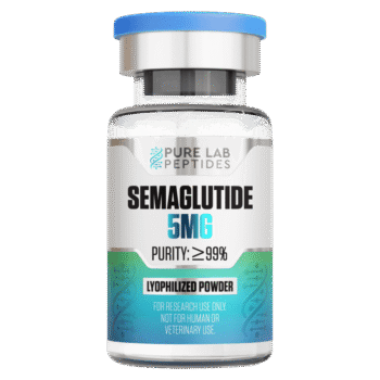 A glass vial labeled 'SEMAGLUTIDE 5MG' containing lyophilized powder, with a purity of 99% or higher, and a blue cap. The label states 'for research use only, not for human or veterinary use.'