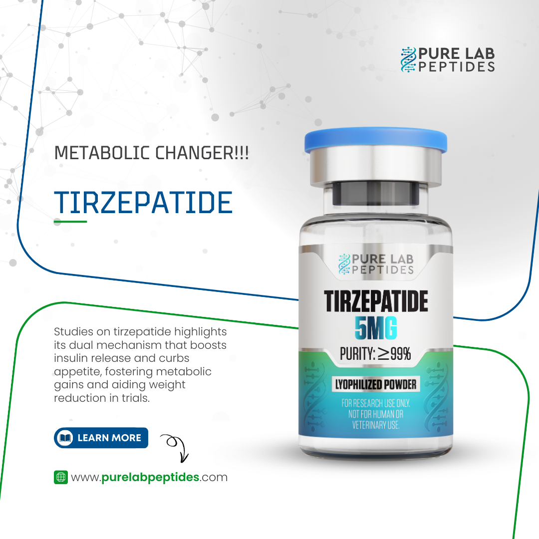 Tirzepatide_5mg_3 A product advertisement for tirzepatide, displaying a vial of tirzepatide 5mg with a blue cap. The background features a geometric design and the text emphasizes its metabolic benefits and purity. The advertisement includes a 'Learn More' button and a website link for more information.