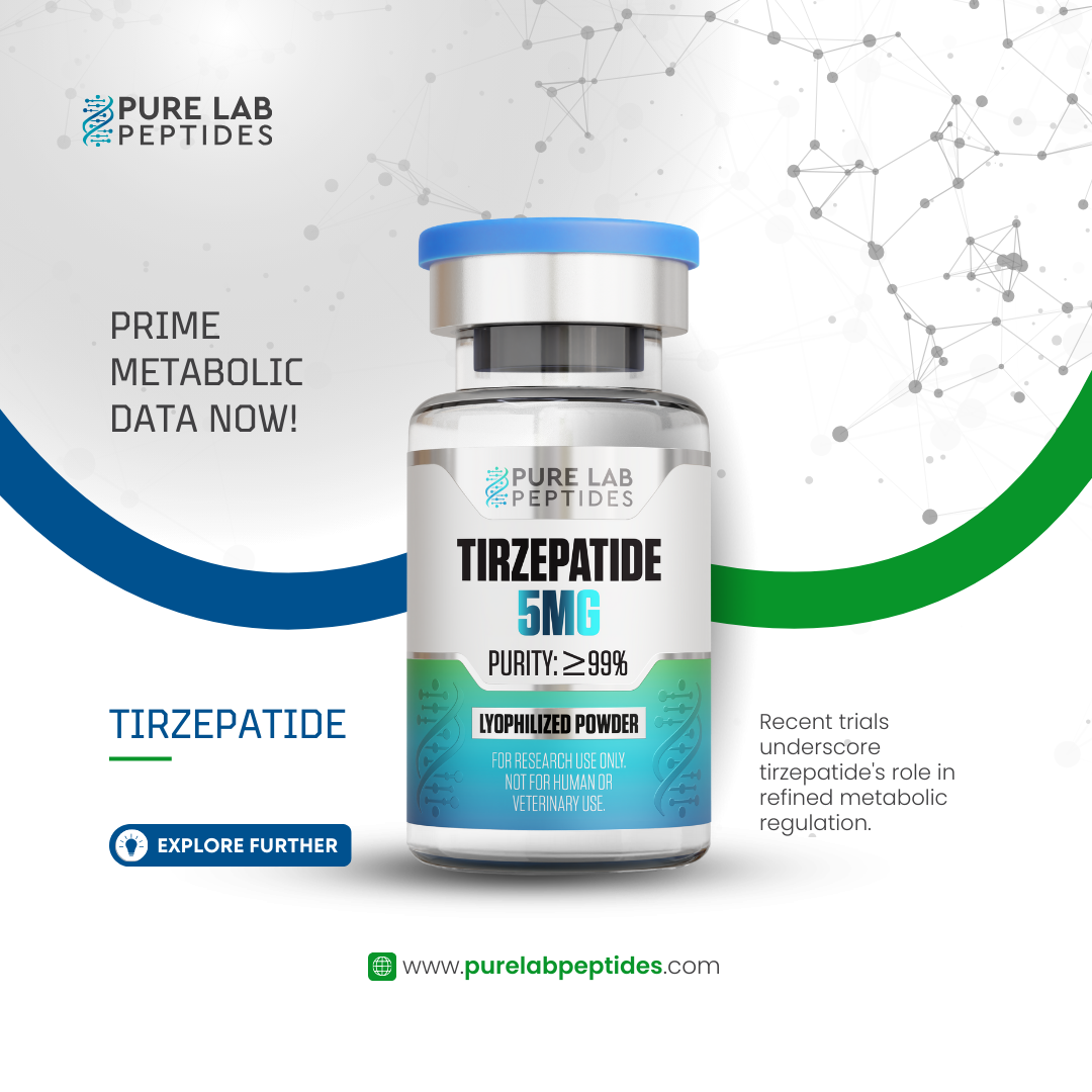 Tirzepatide_5mg_7 A labeled vial of Tirzepatide from Pure Lab Peptides, indicating it contains 5mg with a purity of 99%. The packaging includes a scientific background design and text introducing the product's research use and emphasizing its role in metabolic regulation, along with a website link for more information.