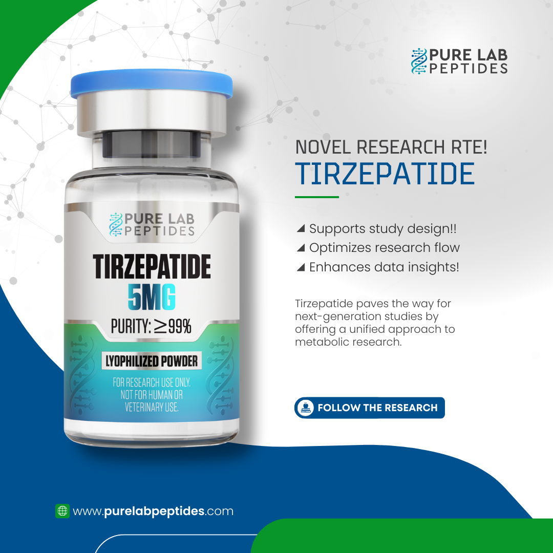 Tirzepatide_5mg_9 A promotional image for Tirzepatide, featuring a vial labeled '5MG' and stating 'Purity: ≥99%', with a blue cap. The background is a colorful design with molecular patterns, and text highlights that it supports study design, optimizes research flow, and enhances data insights. Additional text notes it is for research use only, not for human or veterinary use, and emphasizes its role in metabolic research.