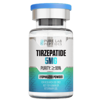 Vial of Tirzepatide 5mg, labeled with purity ≥99%, identified as lyophilized powder and marked for research use only, not for human or veterinary use. The vial has a blue cap and features design elements like DNA strands.
