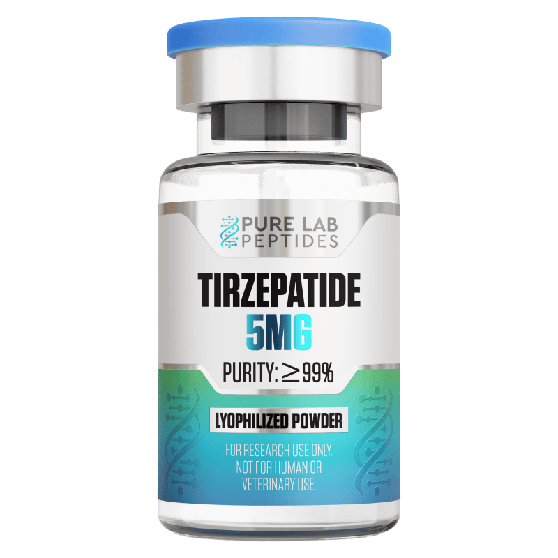 Tirzepatide_5mg_Product_Display Vial of Tirzepatide 5mg, labeled with purity ≥99%, identified as lyophilized powder and marked for research use only, not for human or veterinary use. The vial has a blue cap and features design elements like DNA strands.