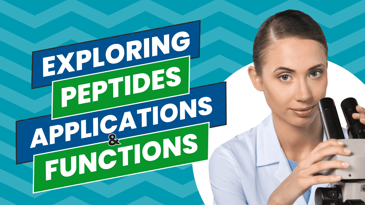 A female scientist with slicked-back hair examines a microscope. Bold text in the background reads "EXPLORING PEPTIDES APPLICATIONS & FUNCTIONS" against a patterned blue backdrop.