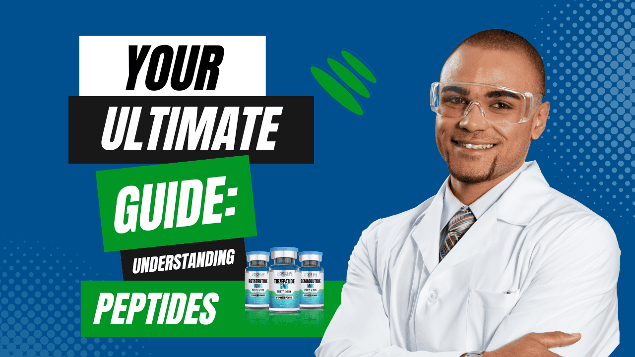 A smiling male scientist in a lab coat and safety glasses stands against a blue background. The text above reads "YOUR ULTIMATE GUIDE: UNDERSTANDING PEPTIDES." Below are three peptide vials labeled "RETROPEPTIDE," "TIRZEPATIDE," and "SEMAGLUTIDE."