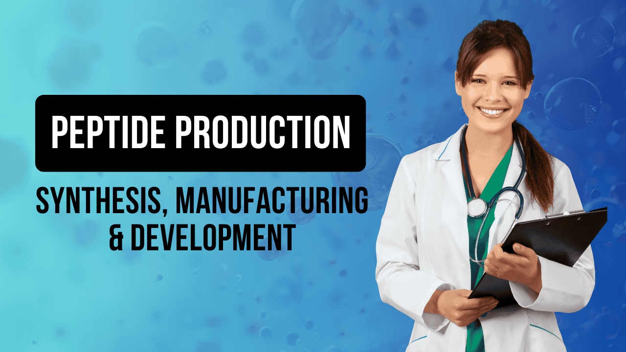 Smiling female doctor holding clipboard with "Peptide Production" text on a blue background.