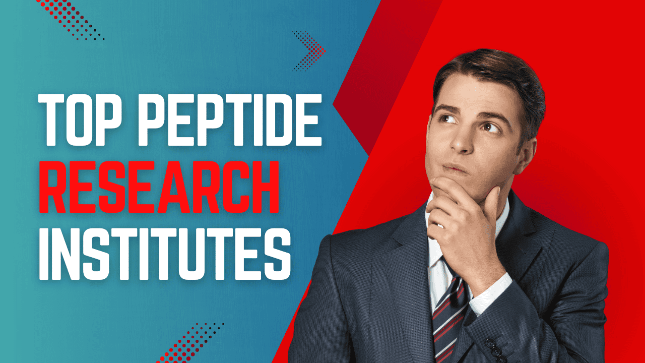 Man thinking about top peptide research institutes in a colorful graphic.