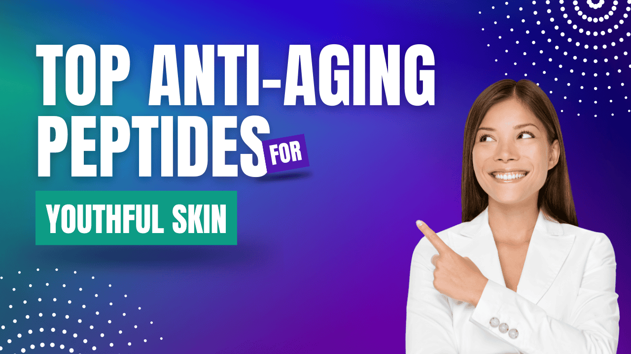 Woman pointing to text reading "Top Anti-Aging Peptides for Youthful Skin" on colorful background.