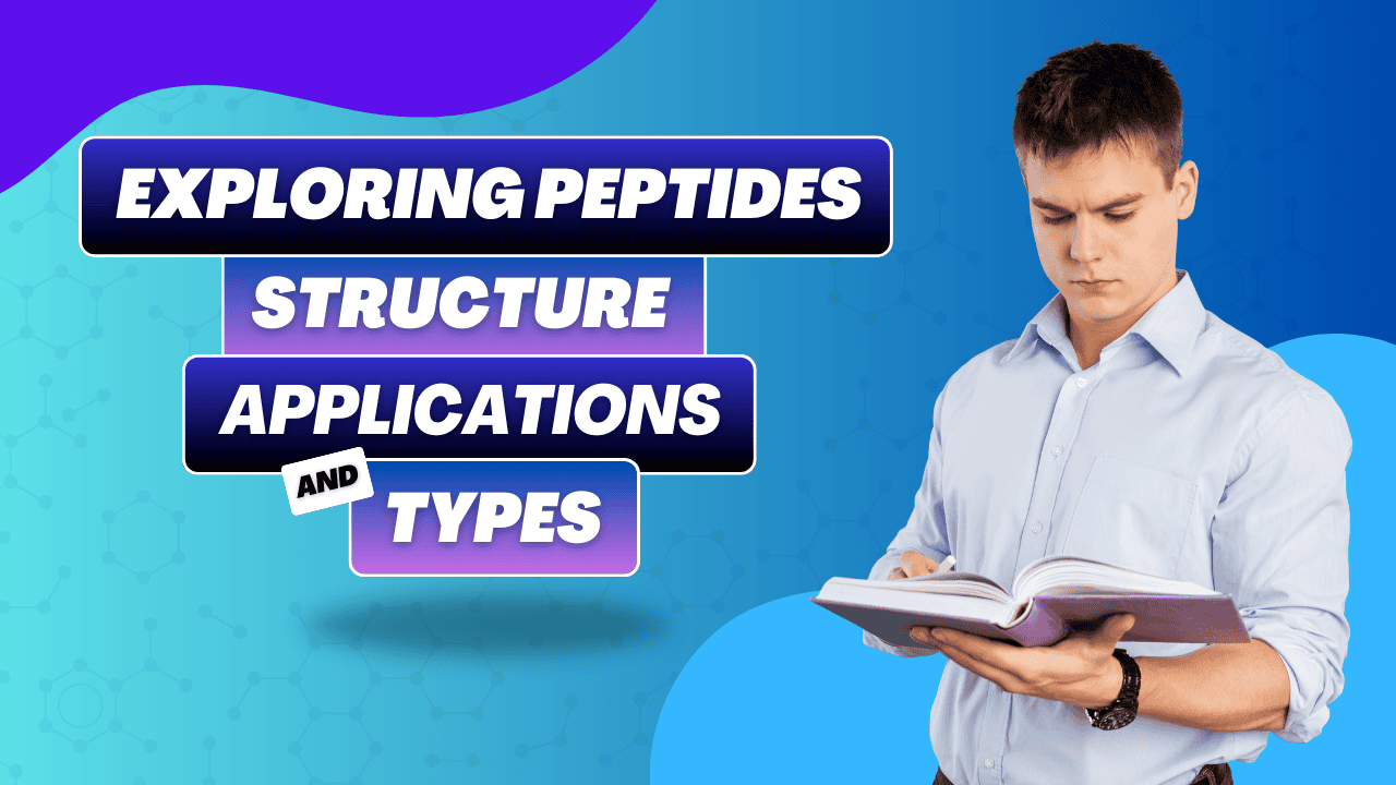 Man reading a book with text overlay "Exploring Peptides: Structure, Applications, and Types."