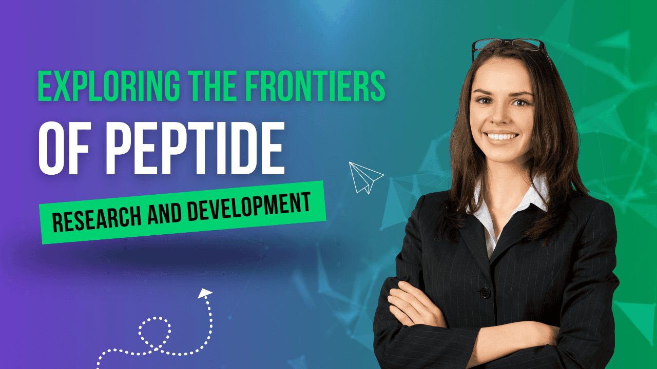 Woman in business attire with text "Exploring the Frontiers of Peptide Research and Development."