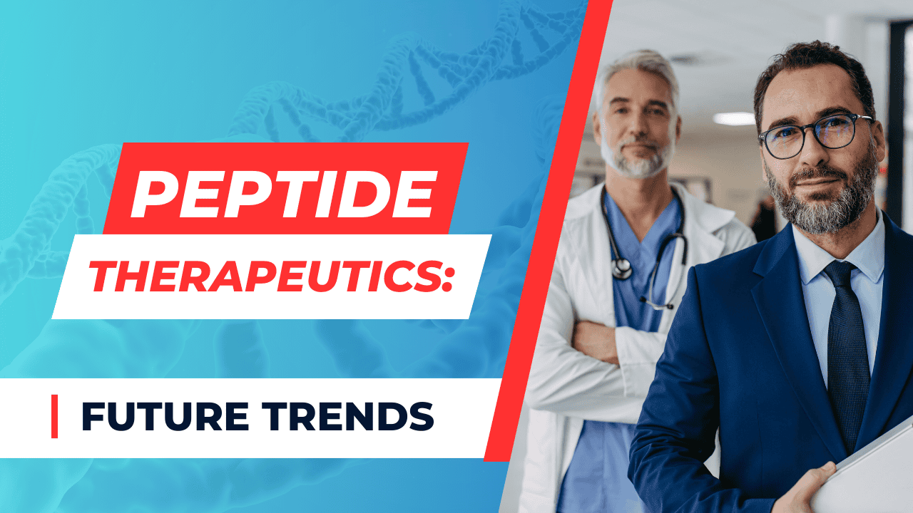 Doctors discussing future trends in peptide therapeutics with DNA strand background.