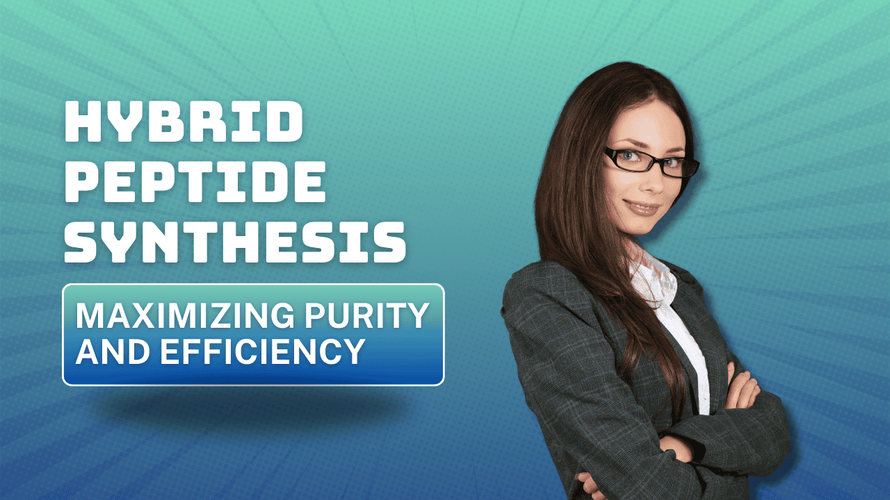 Confident woman in glasses promoting hybrid peptide synthesis for maximizing purity and efficiency.