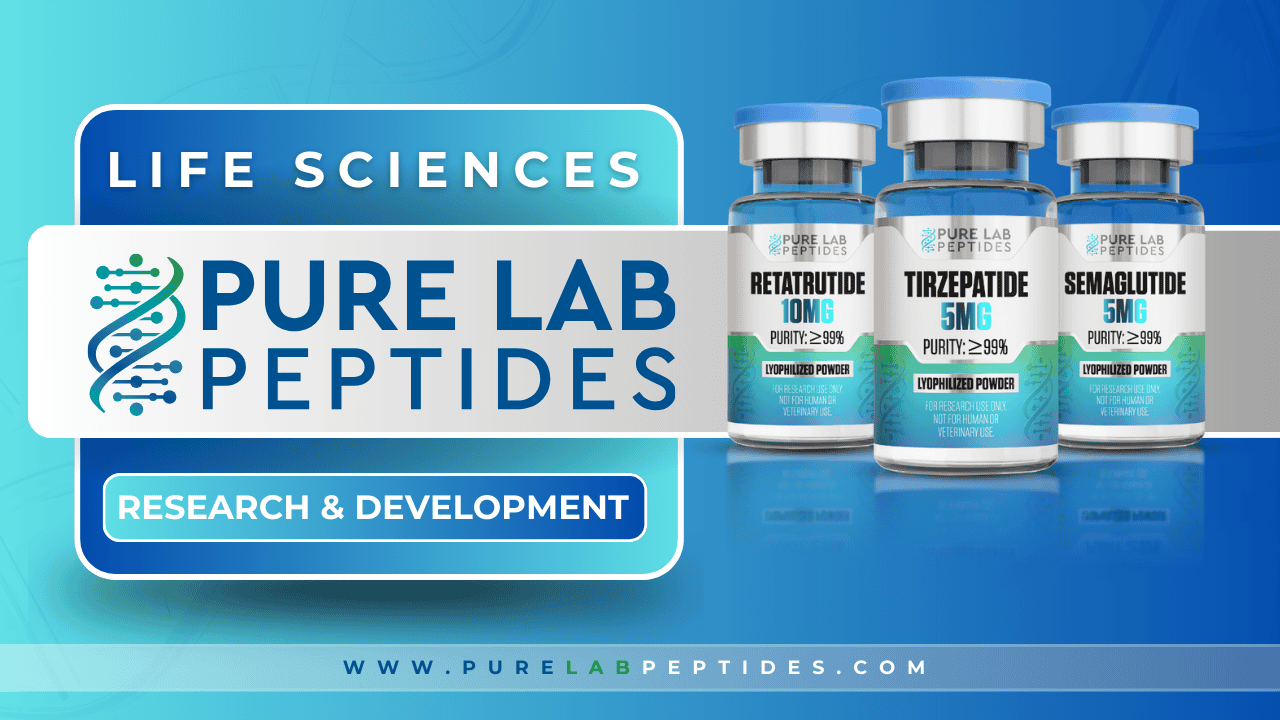 Three vials of Pure Lab Peptides products showcasing Retatrutide, Tirzepatide, and Semaglutide.