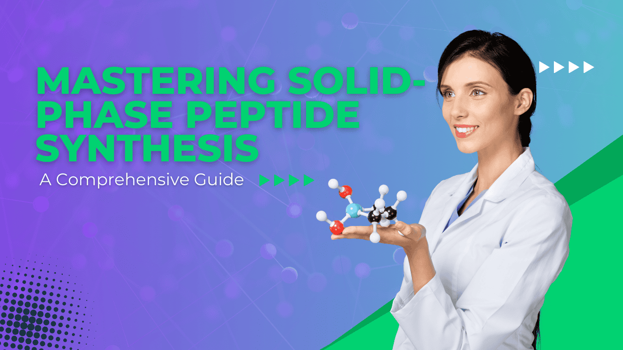 Scientist holding a peptide model with "Mastering Solid-Phase Peptide Synthesis" text.