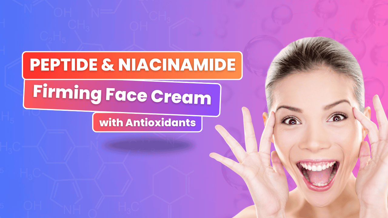 Peptide and niacinamide firming face cream with antioxidants advertisement featuring a smiling woman.