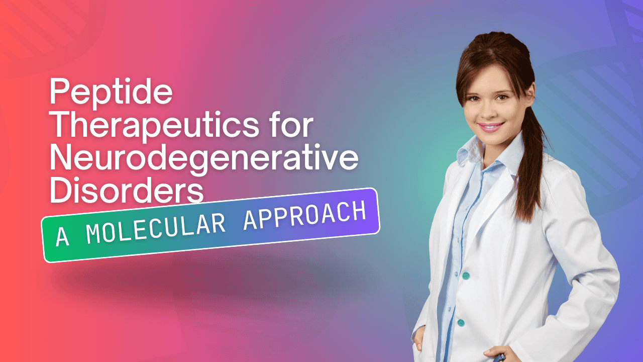 Scientist in lab coat promoting peptide therapeutics for neurodegenerative disorders.