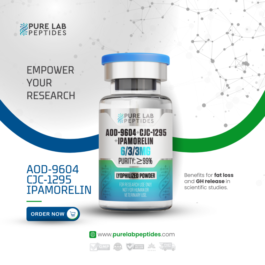 Pure Lab Peptides AOD-9604 CJC-1295 Ipamorelin bottle with "Empower Your Research" text.