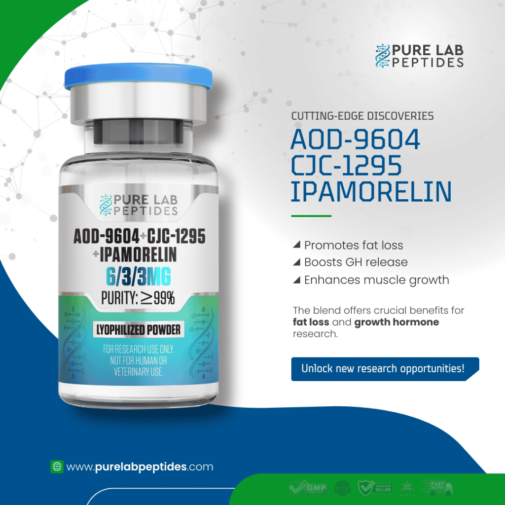 Pure Lab Peptides AOD-9604, CJC-1295, Ipamorelin vial promoting fat loss and GH release.