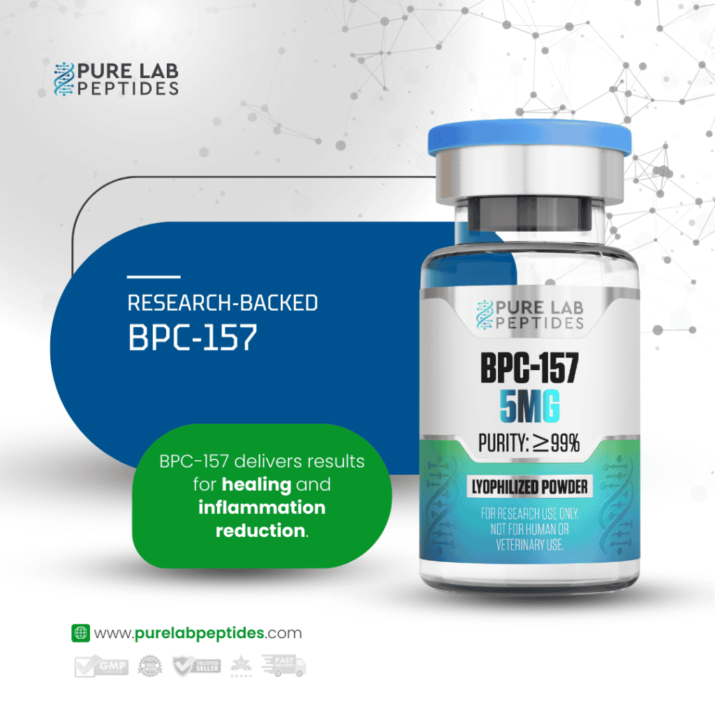 Pure Lab Peptides BPC-157 5mg bottle promoting healing and inflammation reduction.