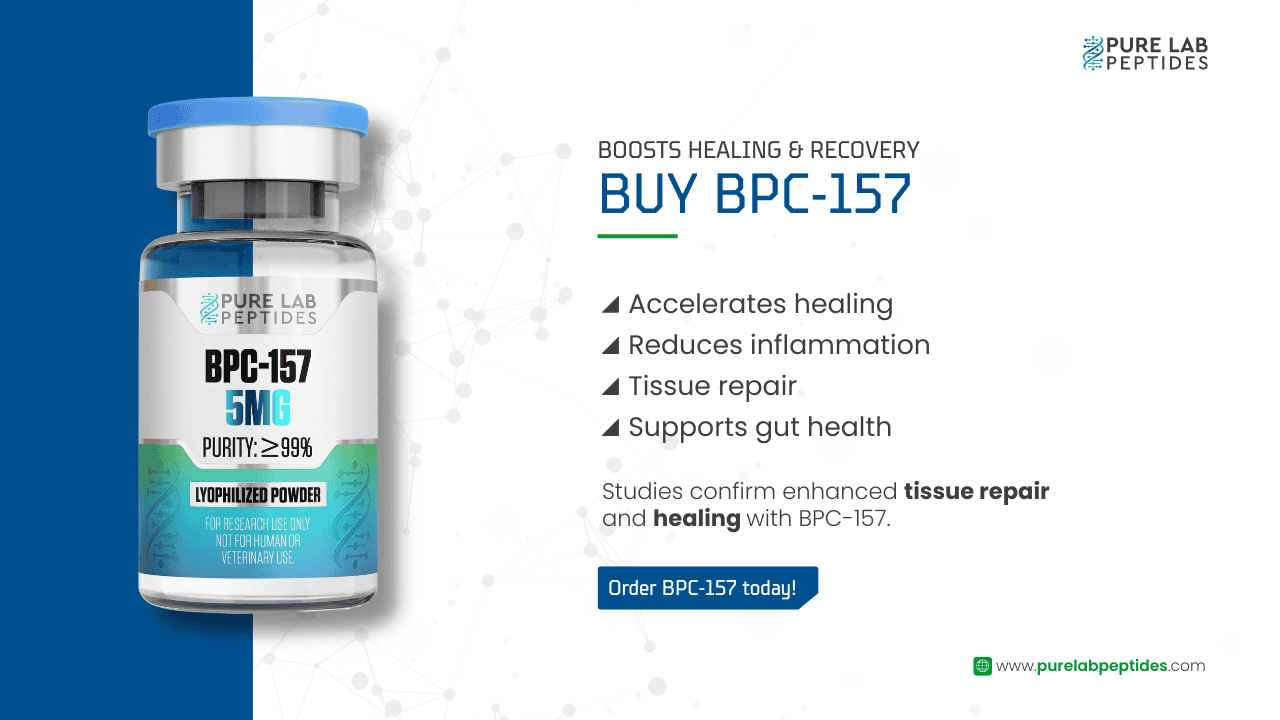 Bottle of Pure Lab Peptides BPC-157 promoting healing and recovery benefits.