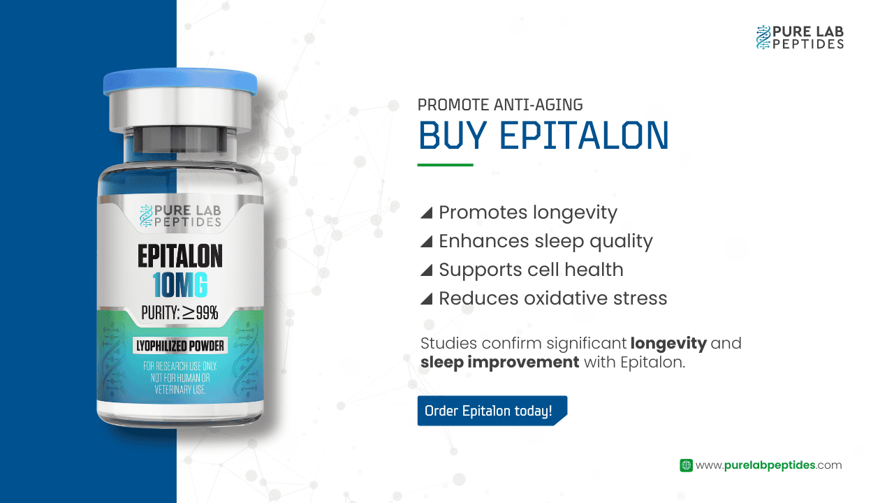 Pure Lab Peptides Epitalon 10mg bottle promoting anti-aging benefits.