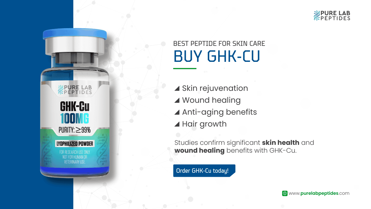 Pure Lab Peptides GHK-Cu 100mg bottle promoting skin health benefits.