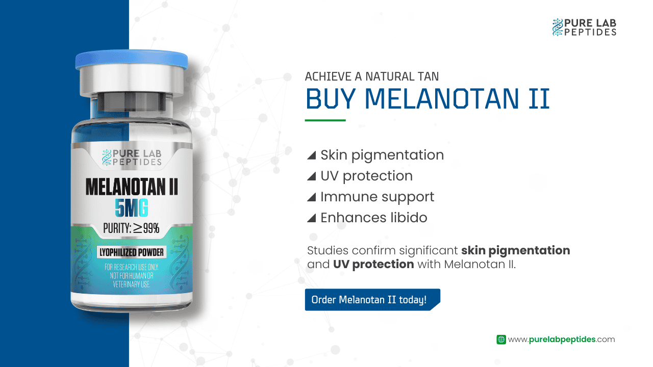 Pure Lab Peptides Melanotan II 5mg bottle with product benefits.