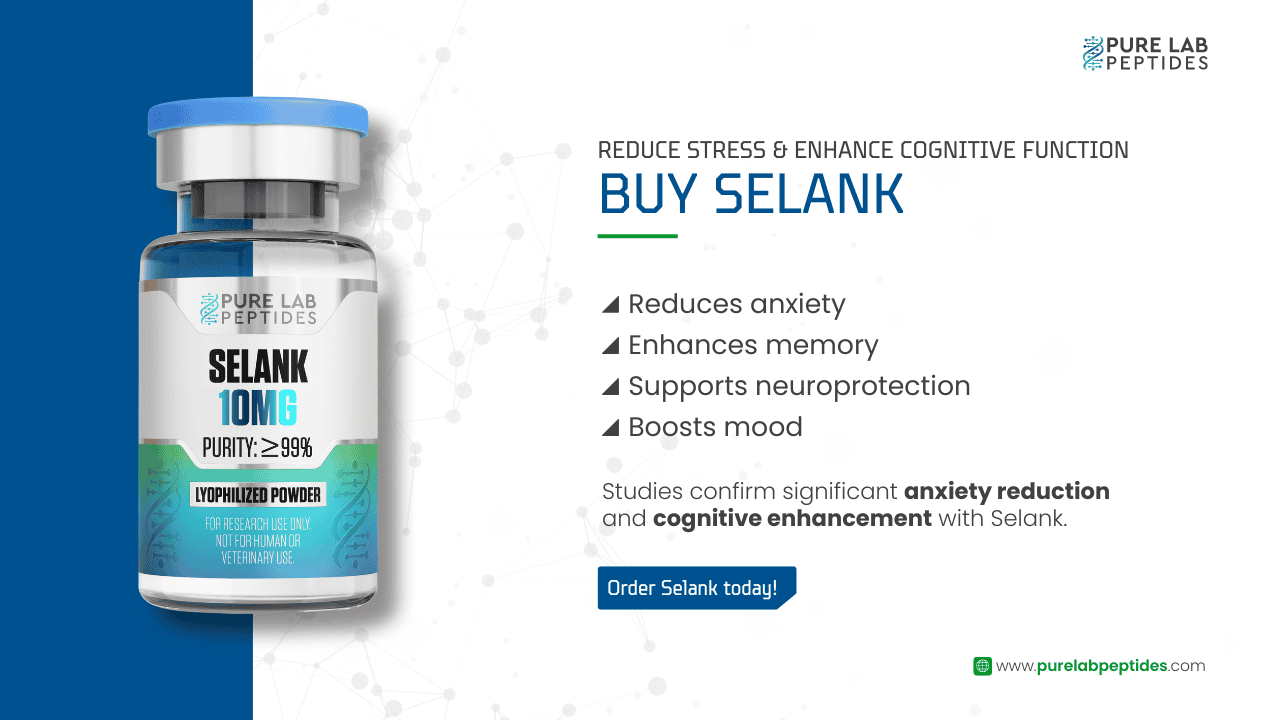 Pure Lab Peptides Selank 10mg bottle promoting anxiety reduction and cognitive enhancement.