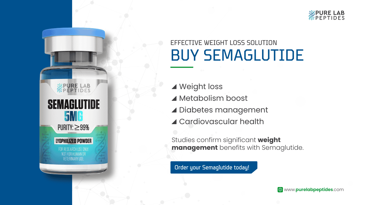 Pure Lab Peptides Semaglutide 5mg lyophilized powder for weight loss and metabolism boost.