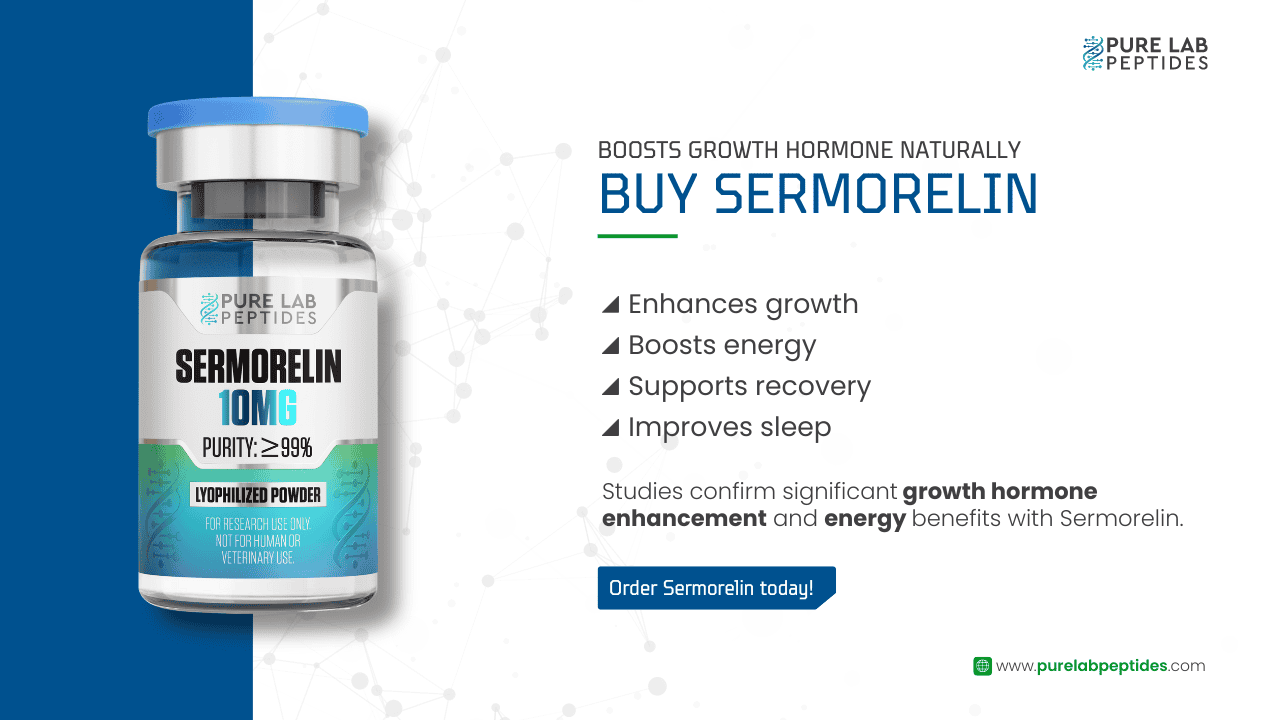 Pure Lab Peptides Sermorelin 10mg bottle with benefits listed.