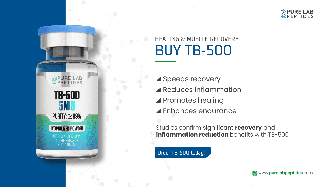 Pure Lab Peptides TB-500 supplement promoting healing and muscle recovery benefits.