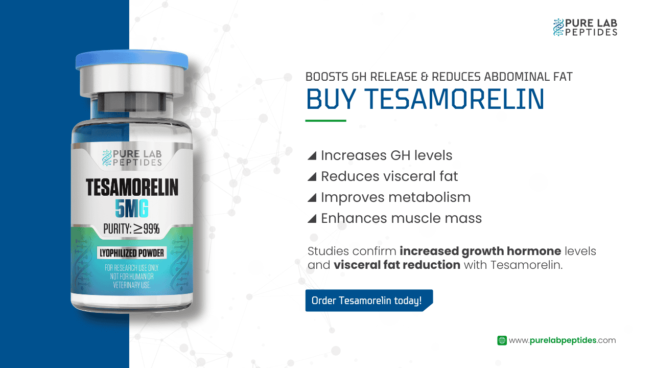 Pure Lab Peptides Tesamorelin 5mg bottle promoting growth hormone release.