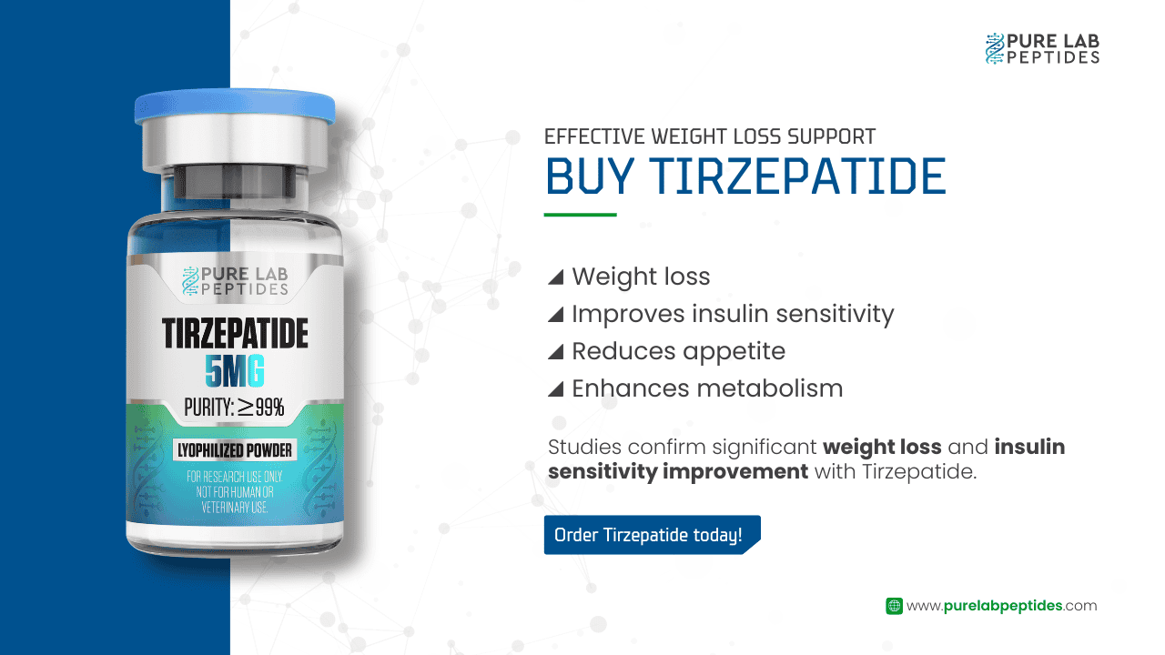 Tirzepatide 5mg peptide vial for weight loss by Pure Lab Peptides.