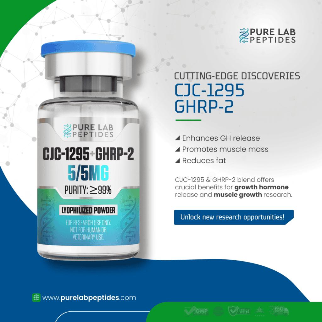 Bottle of Pure Lab Peptides CJC-1295 + GHRP-2 5/5MG with features and benefits.