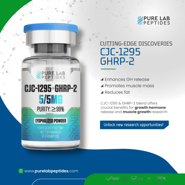 Bottle of Pure Lab Peptides CJC-1295 + GHRP-2 5/5MG with features and benefits.