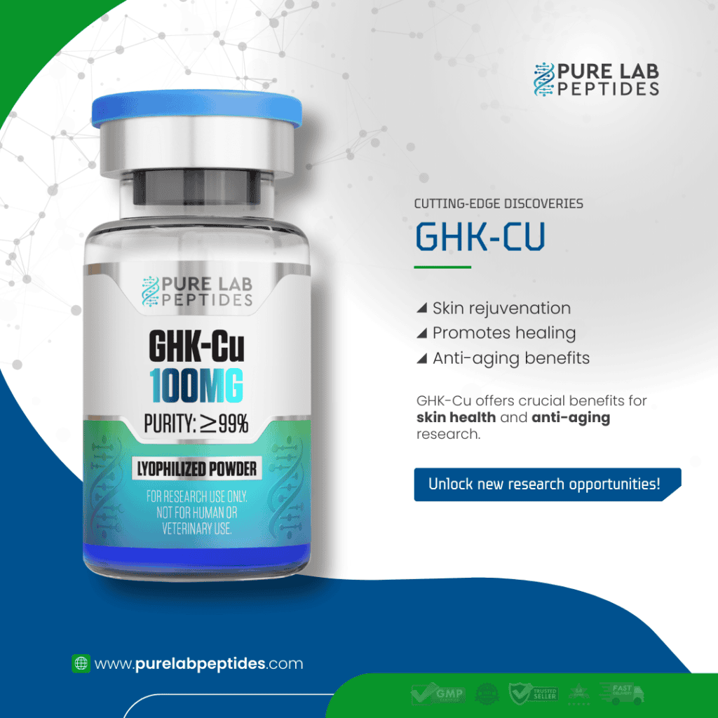 Pure Lab Peptides GHK-Cu 100mg lyophilized powder for skin health research.