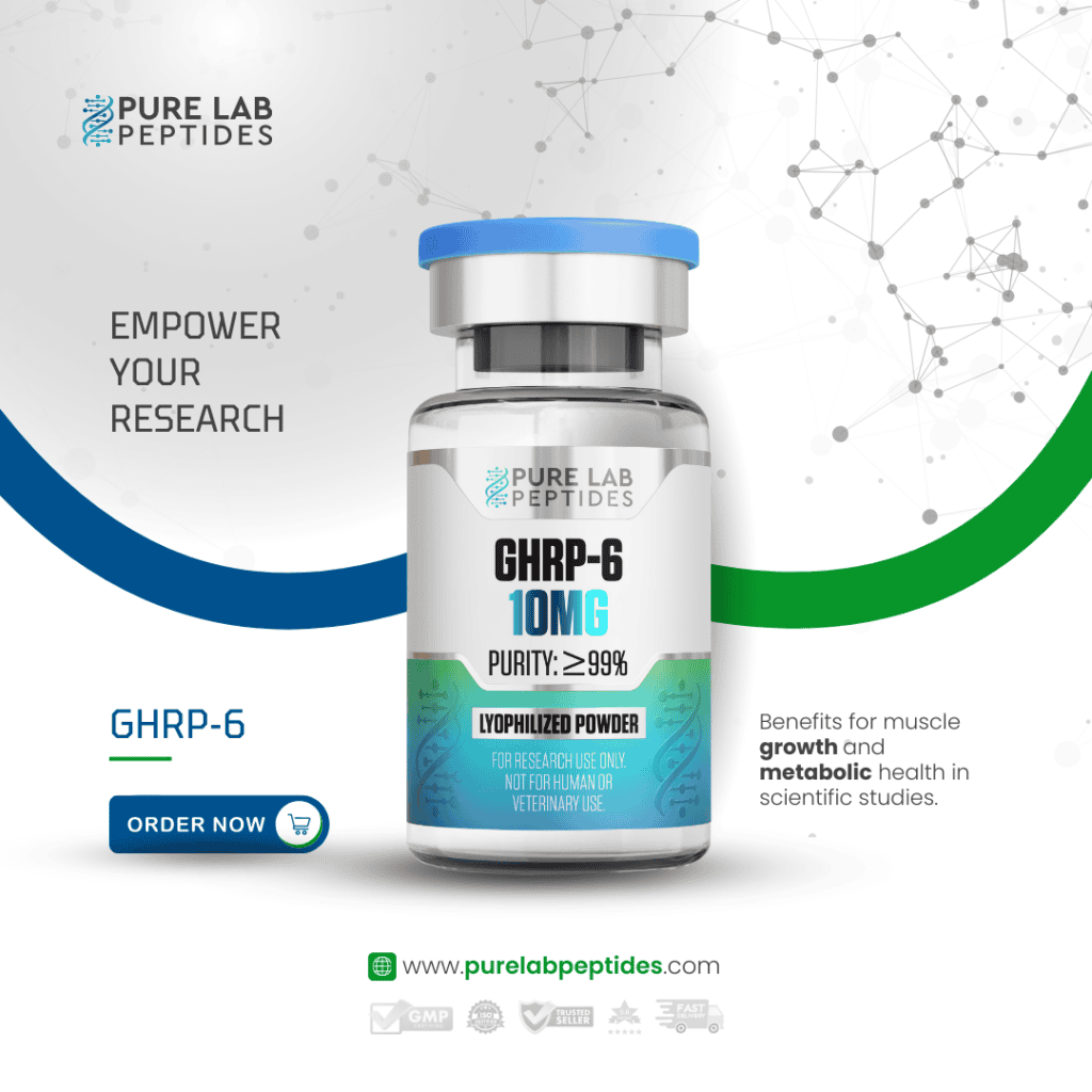 Pure Lab Peptides GHRP-6 10mg bottle for research, highlighting muscle growth benefits.