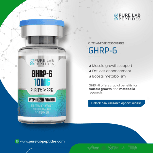 Pure Lab Peptides GHRP-6 10mg bottle for muscle growth and metabolic research.