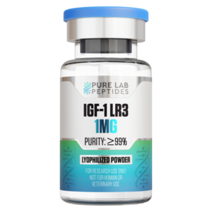 Pure Lab Peptides IGF-1 LR3 1mg vial with >99% purity lyophilized powder.