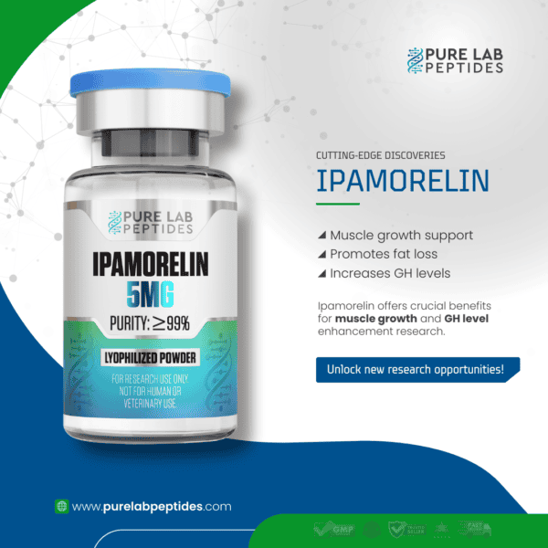 Pure Lab Peptides Ipamorelin 5mg bottle for research use promoting muscle growth and fat loss.