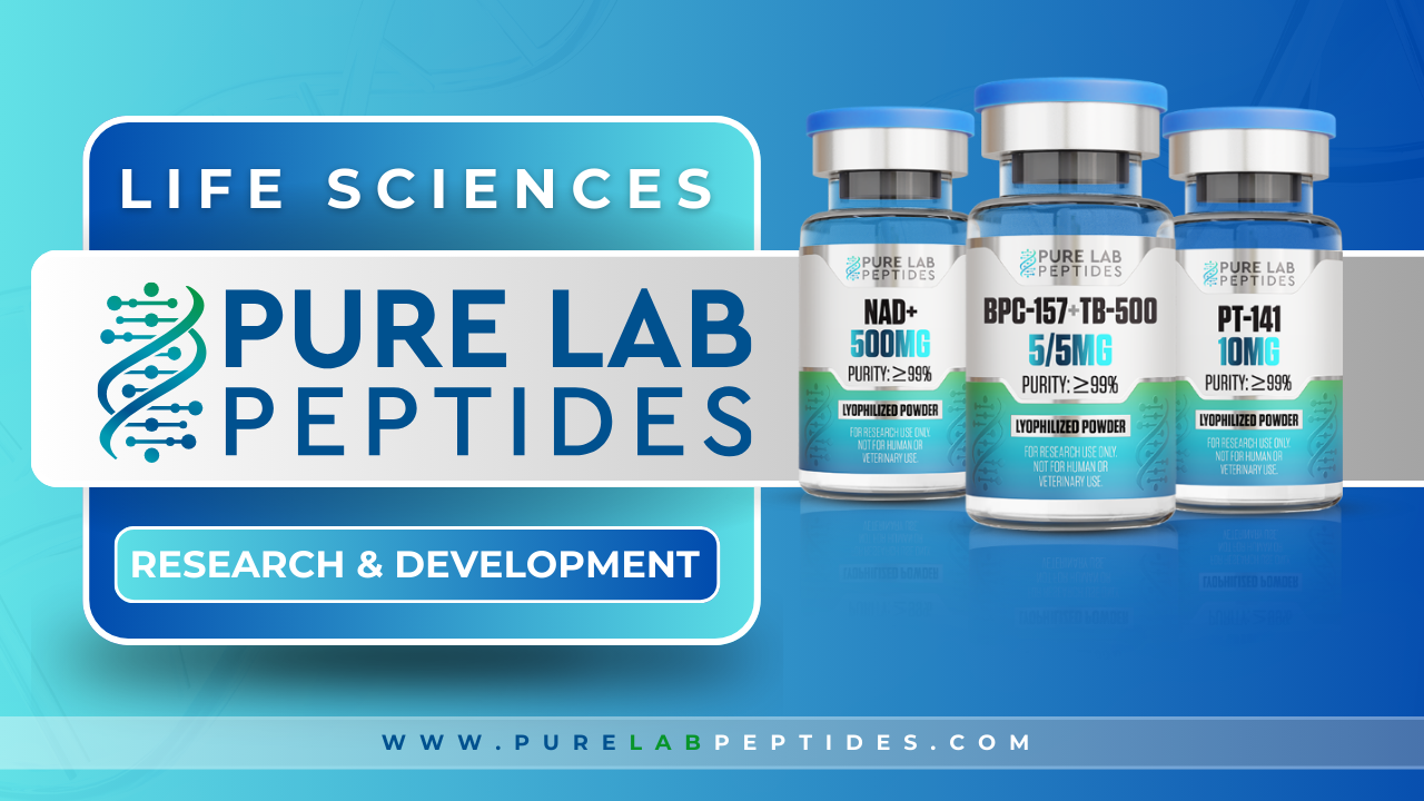 Three vials of peptides labeled NAD+ 500MG, BPC-157+TB-500 5/5MG, and PT-141 10MG, displayed against a blue background with the text 'PURE LAB PEPTIDES' and 'LIFE SCIENCES RESEARCH & DEVELOPMENT'.