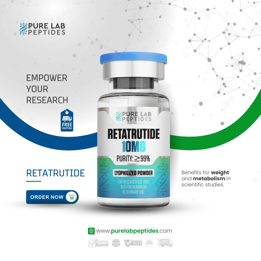 Retatrutide 10mg lyophilized powder by Pure Lab Peptides with over 99% purity.