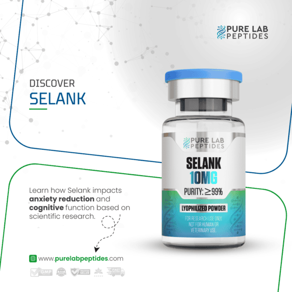 Selank 10mg bottle by Pure Lab Peptides for anxiety reduction research.