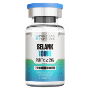 Pure Lab Peptides Selank 10mg vial with blue cap and label showing high purity and lyophilized powder for research.